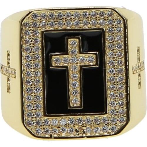 Gold color men boy cool ring micro pave cubic zirconia top quality hip hop bling Gold filled cross street boy ring punk hiphop