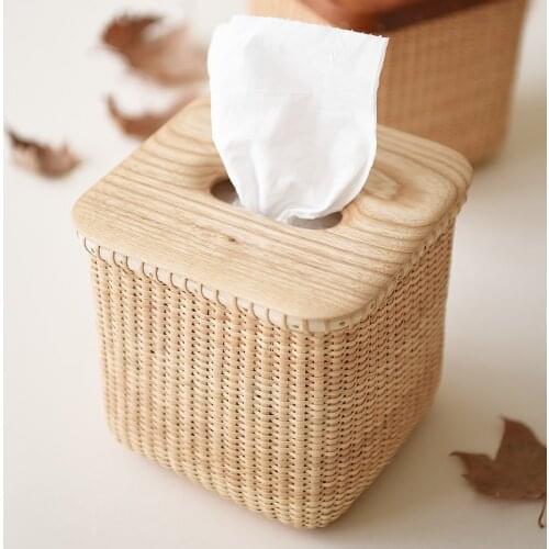 Rattan tissue box Pastoral style handmade square rattan wooden cover tissue box