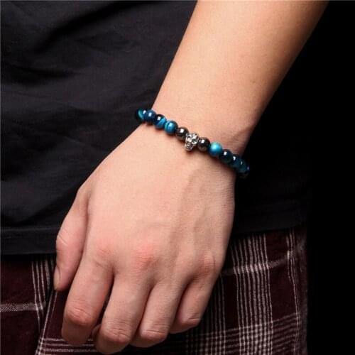 Metal silver color skull charm bead charm bracelet men women Natural blue black tiger eye Hematite lava stone bead Punk bracelet