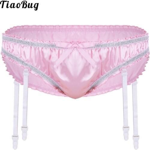 TiaoBug Mens Lingerie Shiny Stretchy Satin Ruffled Lined Sissy Triangle Briefs Underwear Panties With Plastic Garters
