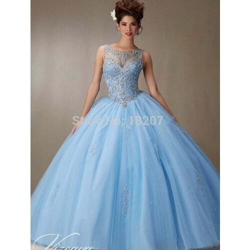 Sky Blue Cheap Quinceanera Dresses Ball Gown Scoop Tulle Beaded Crystals Sweet 16 Dresses