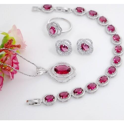 Oval Rose Red 925 Silver Jewelry Set For Women Best Bridal Jewelry Stud Earrings Ring Neckalce Bracelet Set