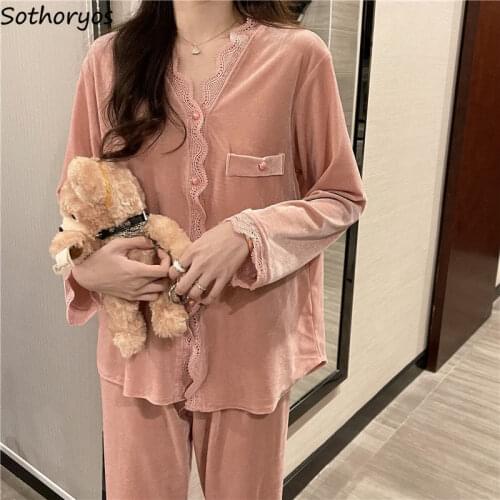 New V-neck Women Pajama Sets Patchwork Lace Sweet Long Sleeve Soft Sleepwear Korean Style High Quality Leisure Fashion Chic Ins