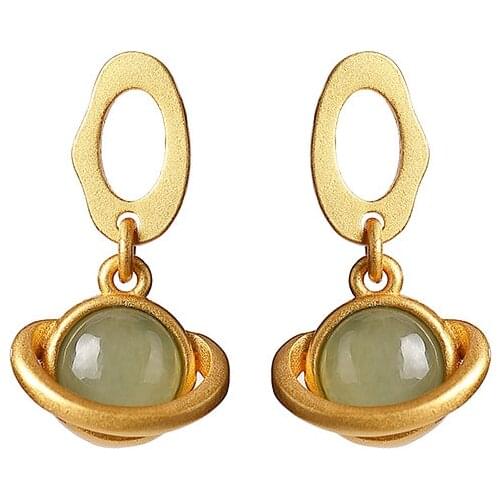 S925 sterling silver gold-plated natural Hetian gray jade stud earrings elegant planet earring pendant for ladies earrings