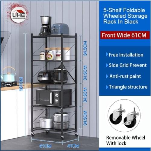 Five Layers Foldable Wheeled Storage Rack Black Movable Storage Rack Living Room Bedroom Kitchen Home Space Saving Organizer