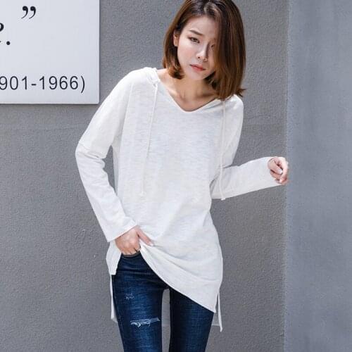 Bamboo cotton loose women t-shirts 2019 summer new long hooded v-neck solid white casual pullovers outwear coat tops
