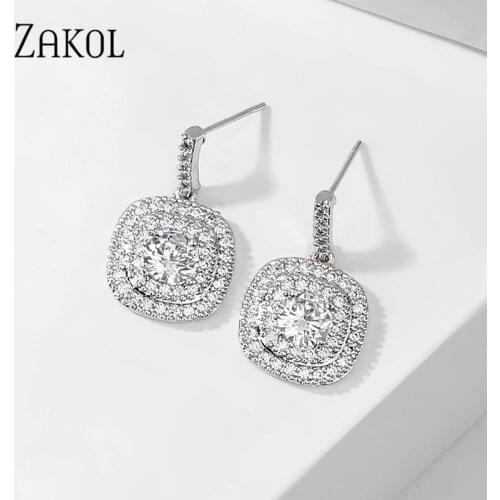 ZAKOL Classic AAA Square Zirconia Crystal Drop Earrings with Tiny CZ Stone for Wome Luxury Bridal Wedding Ear Jewelry FSEP189