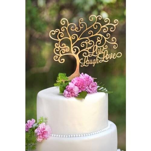 "Live ,Laugh,Love" Tree Shape Mirror Gold Cake Topper wedding cake toppers party decorations free shipping