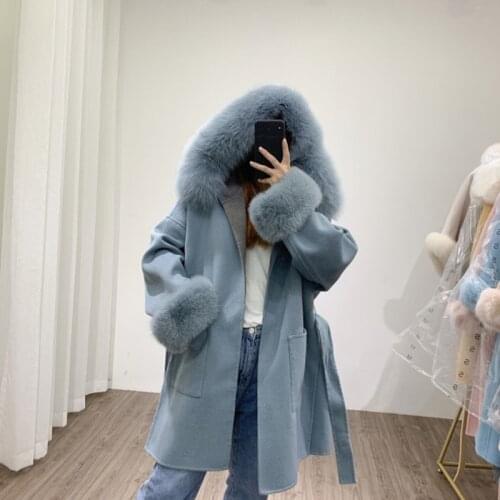 Best Sold Jacket Ladies Cashmere Lambswool Fur Coats Natural Fur Hooded Womens Clothing Winter Jacket Women with Belt