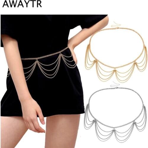 AWAYTR Multilevel Fringe Wave Waist Chain Women Fashion Belts Hip High Waist Gold Silver Adjustable Metal Chain Waistbands
