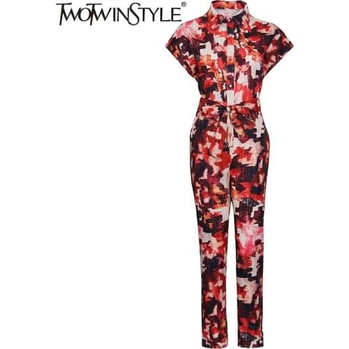 TWOTWINSTYLE Print Loose Jumpsuit For Women Lapel Short Sleeve High Waist Hit Color Casual Jumpsuits Female Fashion New Clothes