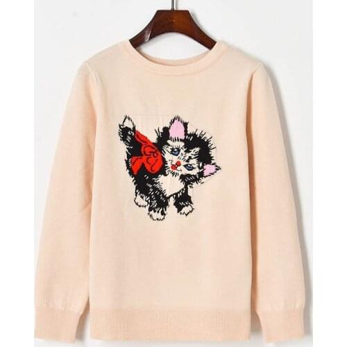 Autumn and winter contrasting jacquard cat round neck long sleeve pullover womens knitted sweater