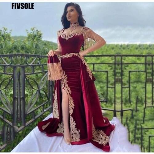 Fivsole 4 Pieces Velvet Evening Dress Removable Skirt Arabic Split Prom Gowns Appliques Lace Tassel High Neck Algerian Outfit