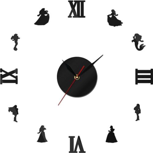 Mermaid & Princess DIY Large Wall Clock Wall Clock Fairytale Style 3D Mirror Effect Wall Sticker Wall Watch Girls Gift