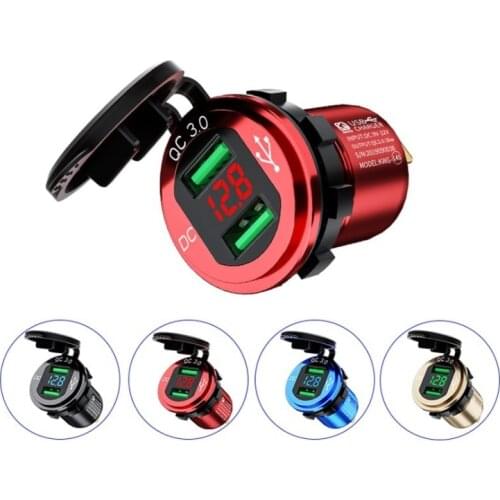 Quick Charge 3.0 Dual USB Charger Socket Waterproof Aluminum Power Outlet Fast Charge with LED Voltmeter for 12V/24V Car Boat