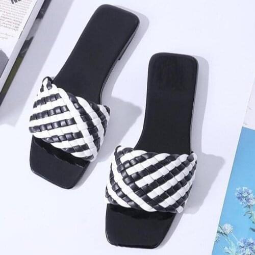 Summer Women Shoes Summer Square Toes Flat Beach Sandals Weave Ladies Flat with Slippers Women Sandals TGHDOF20