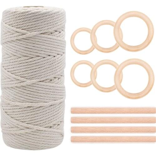 DIY Macrame Kit, Macrame Cord with Wood Rings, Wooden Sticks and Wooden Beads for Macrame Wall Hanging, Knitting, DIY Crafts