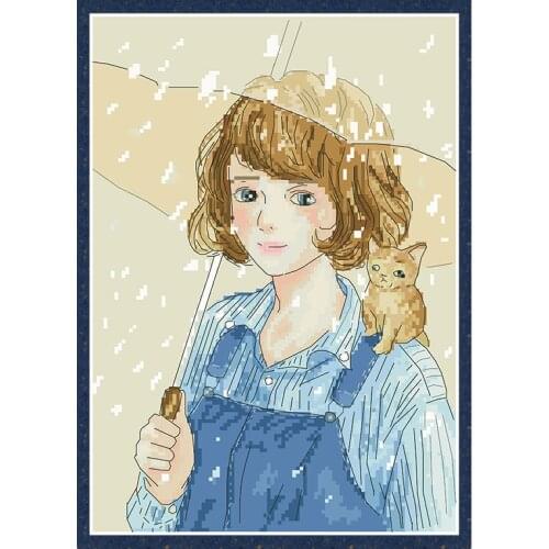 Cross Stitch Pattern Kits Printed Canvas Cat and Girl Needlework Sets Portrait Embroidery Diy Crafts Home Decorations Paintings