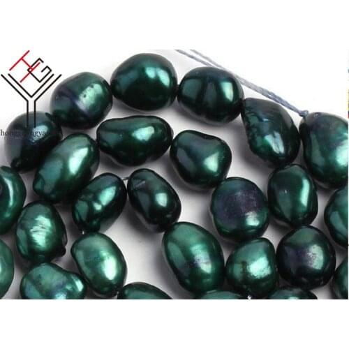 One Strands Real Pearl 9mm Bright Deep Green Pearl Oval Baroque Natural Freshwater Pearl loose beads 35cm / 15inch