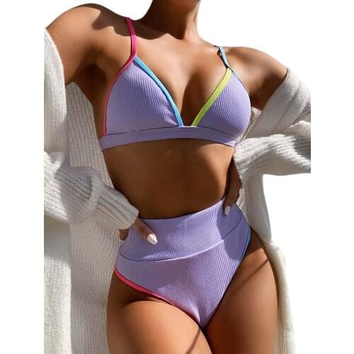 Sexy Women Swimsuit 2021 Two Pieces Bikini Sets Color Stripe Swimwear High Waist Brazilian Bikini Summer Beachwear Bathing Suit