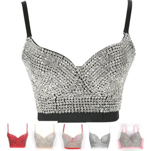 Women Summer Tops Cocktail Crop Top Beading Spaghetti Strap Sleeveless Sexy Bra Camis Wedding Party Cropped Top Full Rhinestones