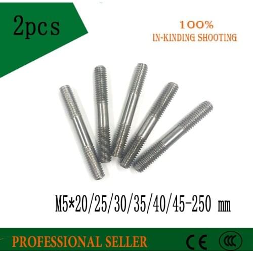 2PCS M5 304 Stainless Steel Double End Threaded Screw Headless Double Thread Studs Bolt M5*20/25/30/35-250 mm