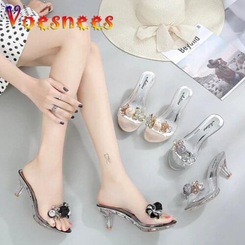 2019 Summer Women Slippers Crystal Flowers 6.5CM High Heels Mules Slides Lady Transparent Flip Flop Slippers Jelly Sandals Shoes
