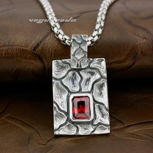 925 Sterling Silver Square Stripe Red CZ Mens Biker Rocker Punk Pendant 8X006