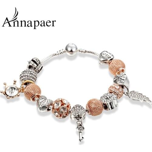 ANNAPAER European Angel Wings Charm Bracelet Bangle Crystal Bead Fashion Gold Bracelet For Women Fit Original DIY Jewelry B17033