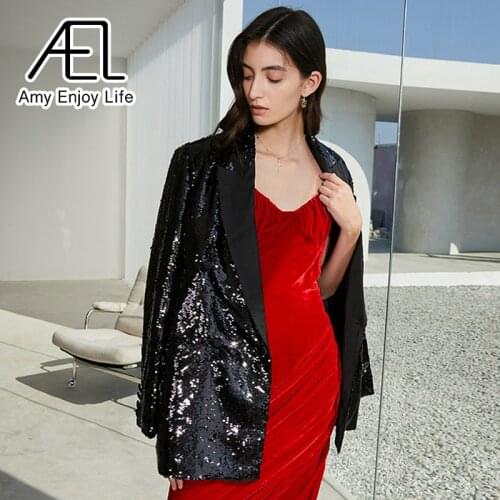 AEL Glitter Sequined Blazer Women Party Clothing Spring Fashion Streetwear Ladies Casual Coat Jacket Black