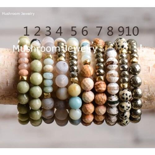 Bohemia Green Faceted Jades Druzy Aagtes Picture Jaspers Pyrite Agates Wavy Stacking Bracelet
