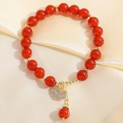Lucky Lock 8mm Natural Red Agate Beads Gold Filled Strand Bracelets Women Girls Fine Jewelry Accessories Birthday Gifts YBR364
