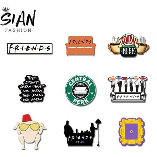 SIAN Old School Friends TV Show Brooches Pin Epoxy Acrylic Central Park Hot Coffee Cup Cartoon Badge Lapel Pins Gifts Accesorios