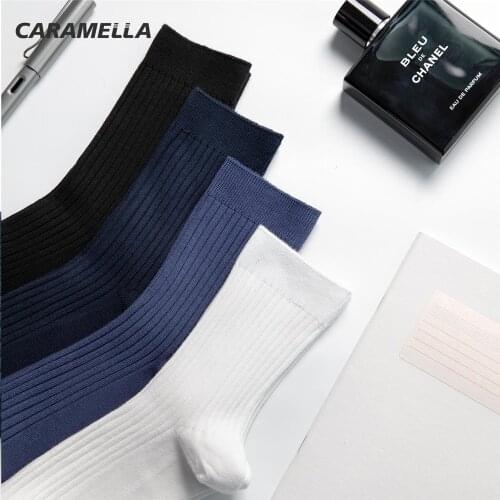 Caramella 4 Pairs/Lot Mens Socks Solid Color 100% Cotton Socks for Business Men Comfortable Stripe Pattern Socks