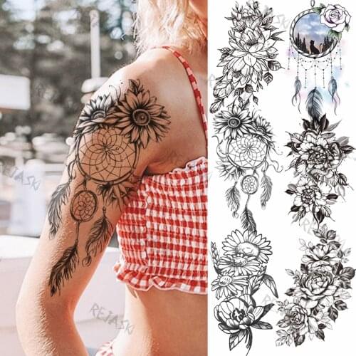 Black Big Dreamcatcher Temporary Tattoos For Women Girl Lotus Peony Realistic Fake Tattoo Sticker Arm Back Sexy Sunflower Tatoo