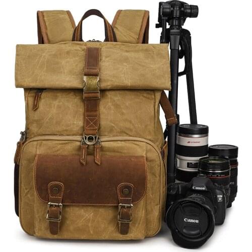 Photography Retro Waterproof Batik Canvas Leather Backpack fit 15.4inch Laptop Men Camera Bag Carry Case for Canon Nikon DSLR