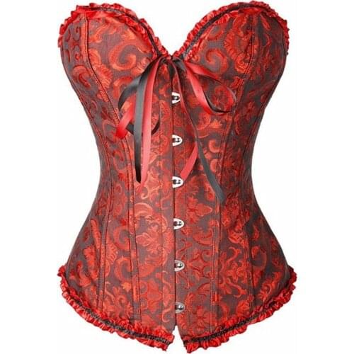 Hot Sale ! Sexy Satin Floral Gothic Lace up Boned Overbust Corset Bustier Waist Trainer Plus Size S-6XL with G-string