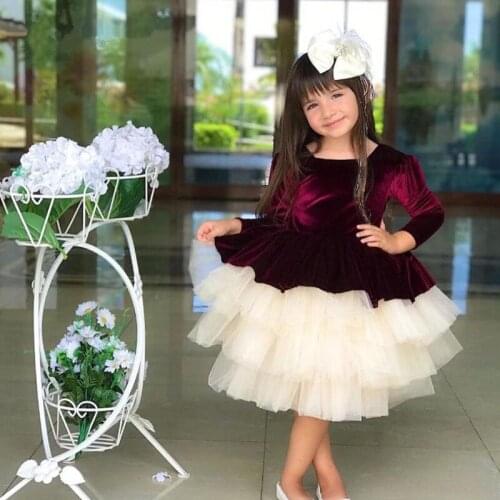 Classic Toddler Junior Girls Burgundy Tiers Girls Ball Gown Wedding Birthday Party Dresses Flower Girl Dresses Christmas Dress
