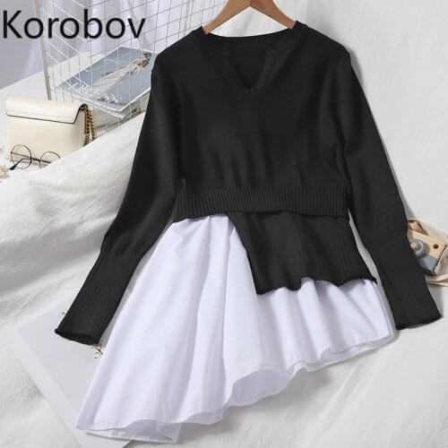 Korobov Korean Chic O Neck Women Sweaters Vintage Long Sleeve Sueter Mujer 2020 New Autumn Winter Fake 2 Pieces Jumper Femme