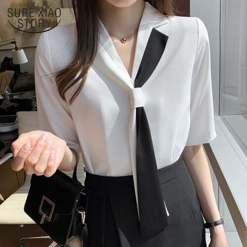 Summer Hong Kong Style, Lightly Familiar Korean Design All-match Solid Stitching Tie Elegant Office Ladies Shirts Blouses 15054