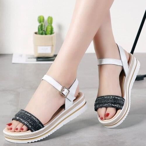 YSHUNIJ Split Leather Summer shoes woman Hand Woven women sandals platform Sandals women wedge beach flip flops ladies sandals