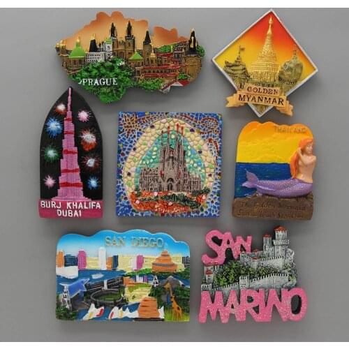 Fridge magnets Barcelona mosaic Burj khalifa dubai golden Myanmar Prague san diego San Marino Thai Mermaid home decoration gifts