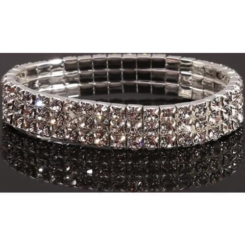 Fashion 3 Rows Full Crystal Rhinestone Elastic Bracelet Silver Color Bangle Bling Wristband Women Wedding Bridal Jewelry