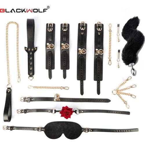Slave Bed Bondage Kits Genuine leather BDSM Set Restraint Handcuffs Collar Gag Tail Plug Sex Toys For Women Couples Adult Games