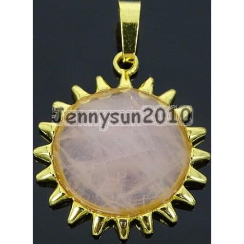 Natural Rose Qua-rtz Gems Stone Sun Reiki Chakra Healing Pendant Charm Crystal Beads Stainless Steel 10Pcs /Pack