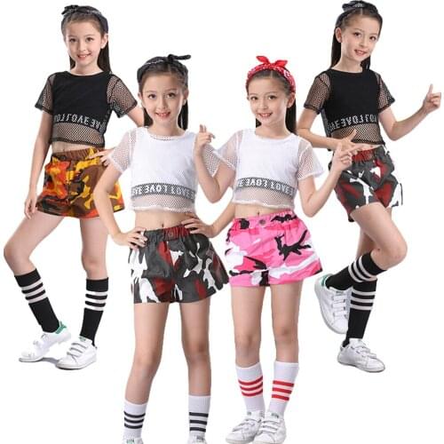 Girls Hip Hop Street Dance Solo Clothes Cropped Mesh Vest Top Camouflage Jogger Short Pants Set