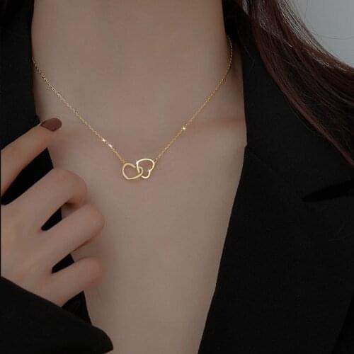 Real 925 Sterling Silver Interlocking Heart Necklace Hollow Double Love Hearts Choker Necklaces for Women Birthday Gifts