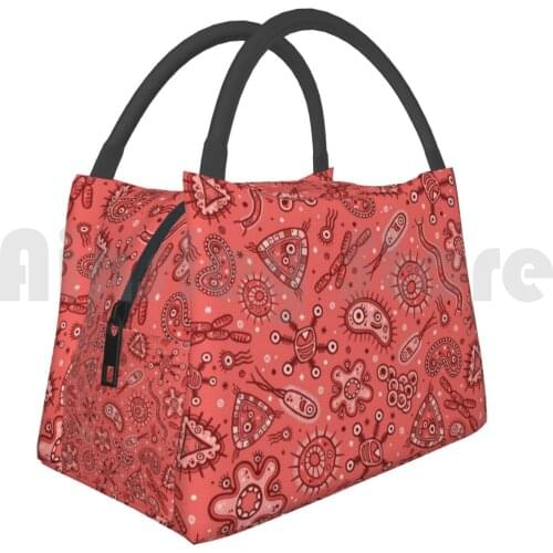 Portable Insulation Bag Cartoon Microbes-Red / Pink Pattern Germs Microbes Microbiologist Bacteria Tiny