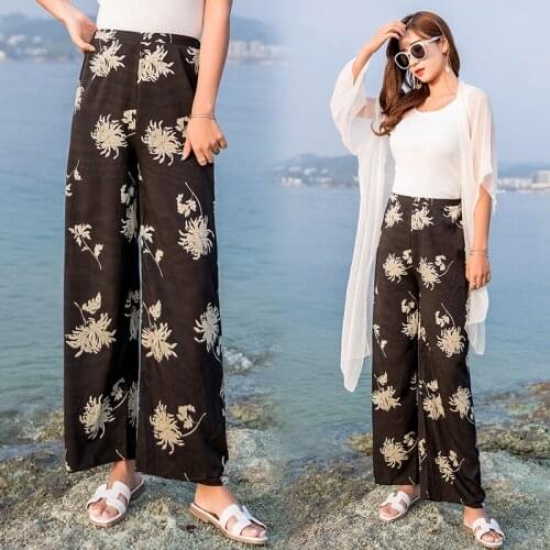 Holiday Beach Palazzo Pants Women Summer Floral Boho Pants High Waist Chiffon Casual Loose Pants Black