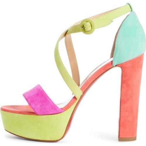 Summer Woman Purple Green Blue Patchwork Suede Square Heels Platform Sandals Cross Buckle One Line Super Heels Sandals Shoes